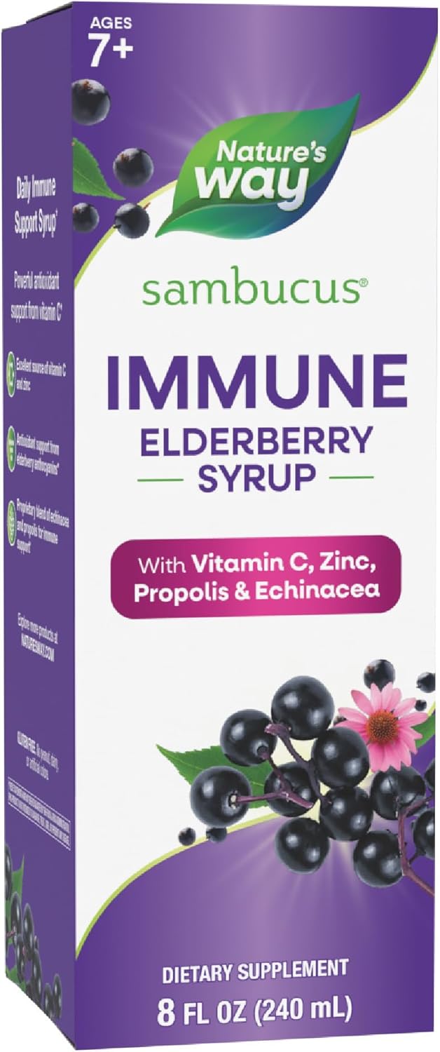 Nature&#39;s Way Sambucus Immune Elderberry Syrup, Elderberry extract Vitamin C and Zinc with Propolis &amp; Echinacea for Immune Support*, Gluten Free, Vegetarian, 8 Fl Oz