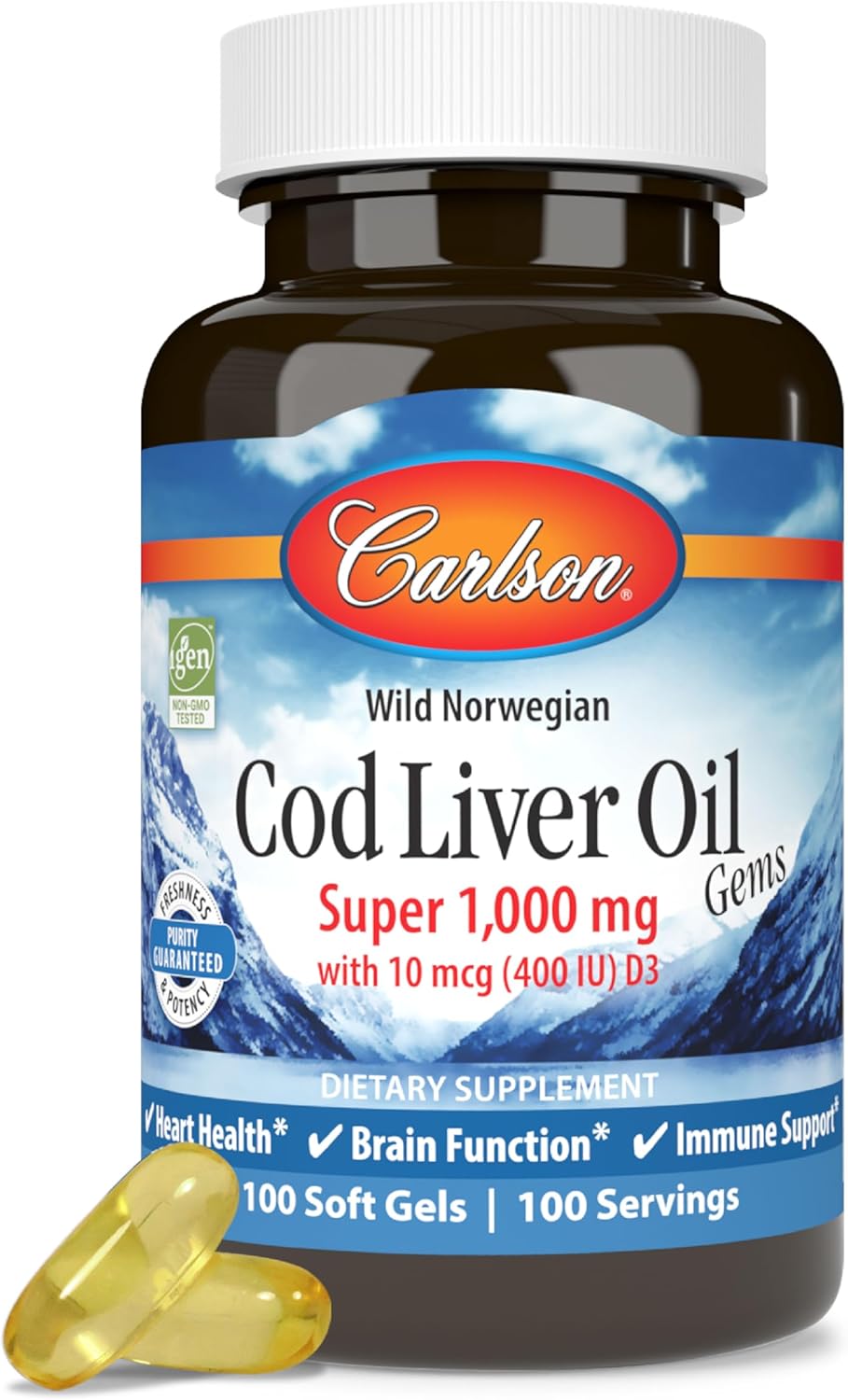 Carlson - Cod Liver Oil, Super 1000 mg + Vitamins A &amp; D3, Wild Norwegian, Sustainably Sourced, 100 Softgels