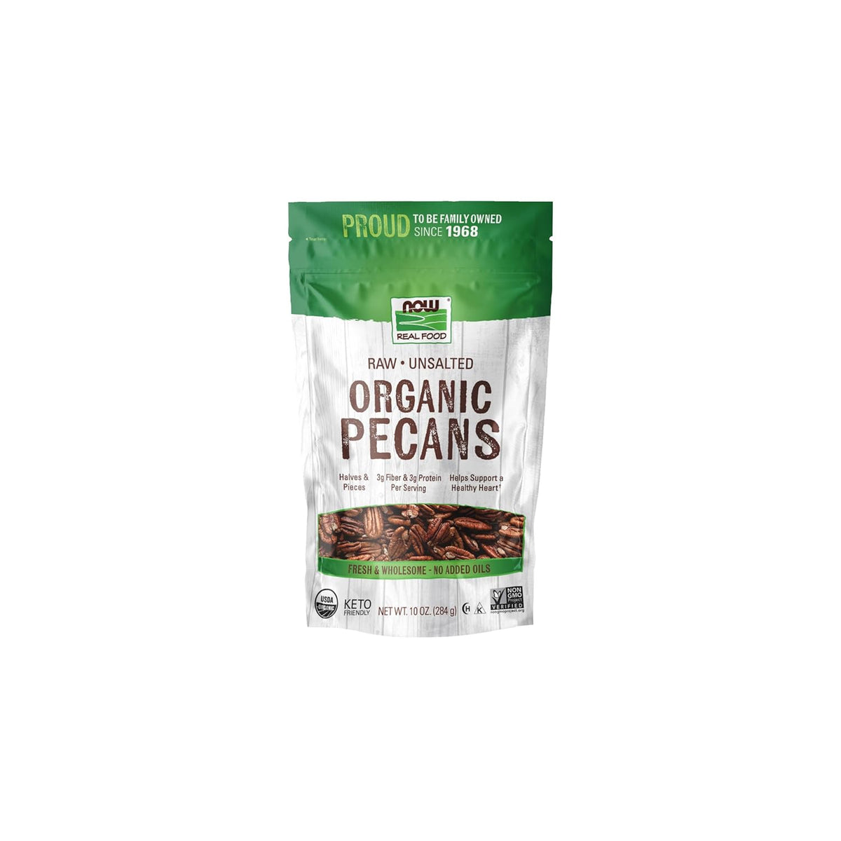 NOW Real Food, Raw, Unsalted, Organic Pecans, no added oils, 10 oz