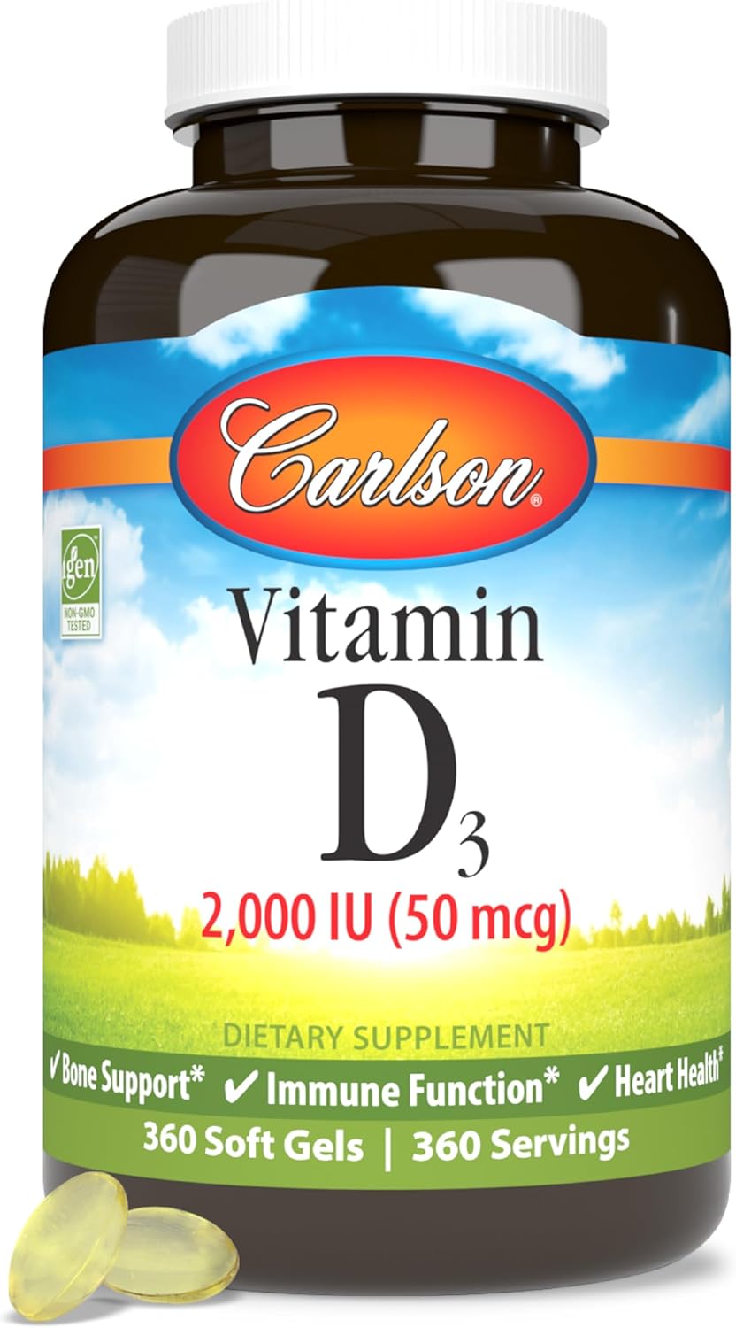 Carlson - Vitamin D3, 2000 IU (50 mcg), Bone &amp; Immune Health, Vitamin D Supplements, Cholecalciferol Supplement, Gluten Free Vitamin D Capsules, 360 Softgels