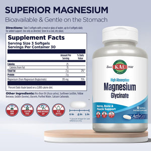KAL Magnesium Glycinate ActivGels 315mg, High Absorption Magnesium Supplement for Muscle, Nerve & Bone Health Support, Non-GMO, Gluten Free, 30 Servings, 90 Softgels