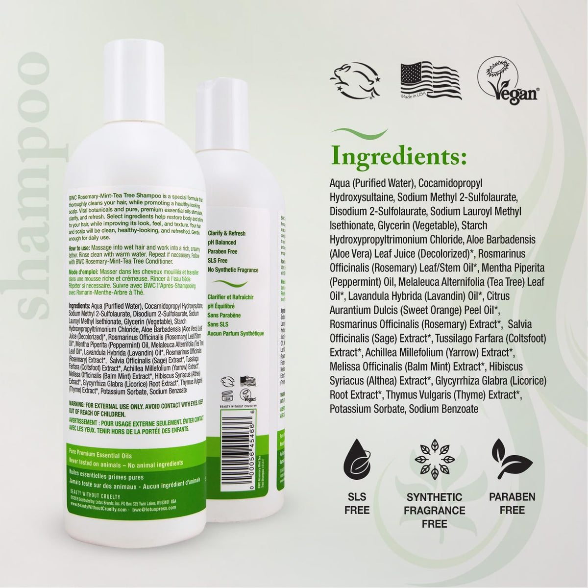 Beauty Without Cruelty Shampoo, Clarifying Rosemary Mint Tea Tree – Aromatherapy Hair & Scalp Treatment, SLS-Free, Vegan-Friendly & Cruelty-Free, 16 Oz