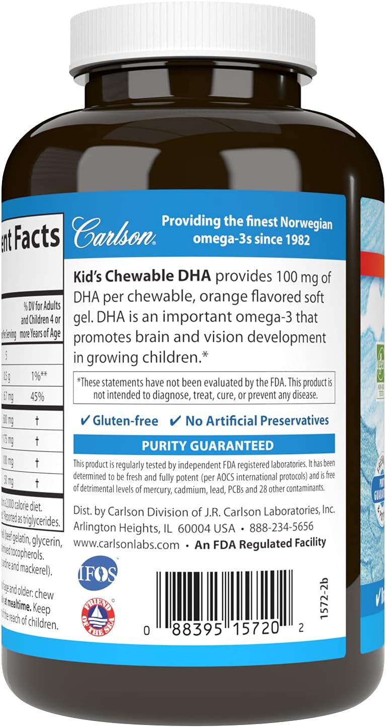 Carlson - Kid&#39;s Chewable DHA, 100 mg DHA, Brain Health, Vision Function, Growth &amp; Development, Orange, 180 Chewable Softgels