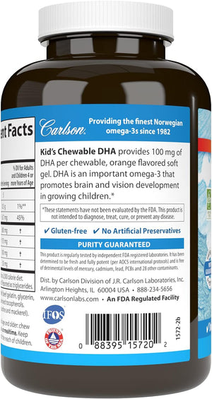 Carlson - Kid's Chewable DHA, 100 mg DHA, Brain Health, Vision Function, Growth & Development, Orange, 180 Chewable Softgels