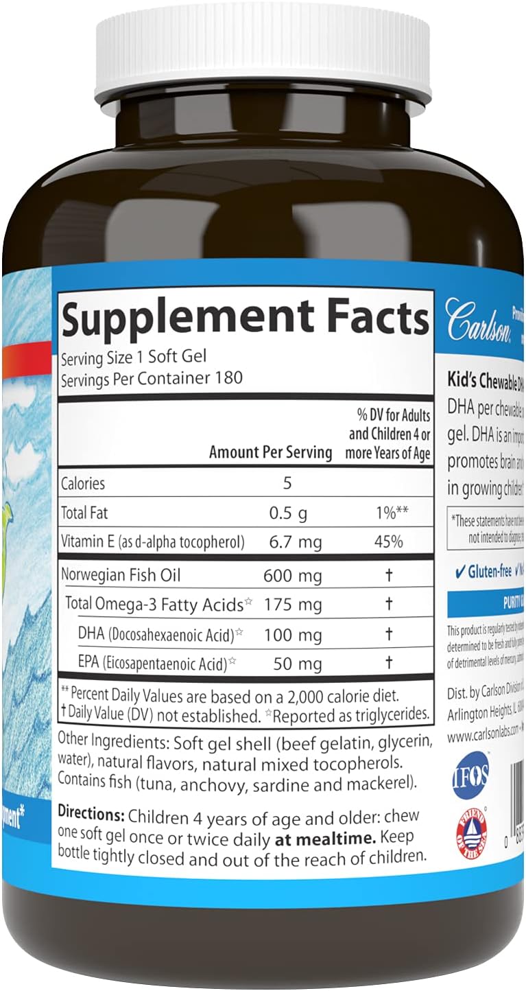 Carlson - Kid&#39;s Chewable DHA, 100 mg DHA, Brain Health, Vision Function, Growth &amp; Development, Orange, 180 Chewable Softgels