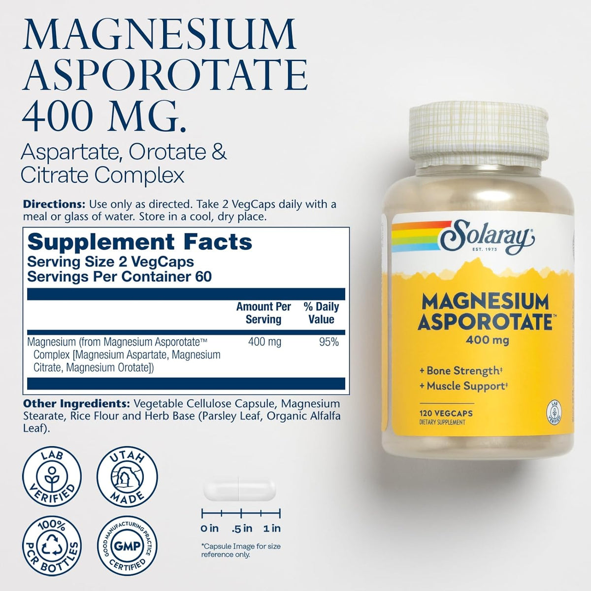 Solaray Magnesium Asporotate 400 mg, Aspartate, Orotate &amp; Citrate Complex, Healthy Heart, Muscle, Nerve &amp; Circulatory Function Support 180ct (60 Servings, 120 VegCaps)
