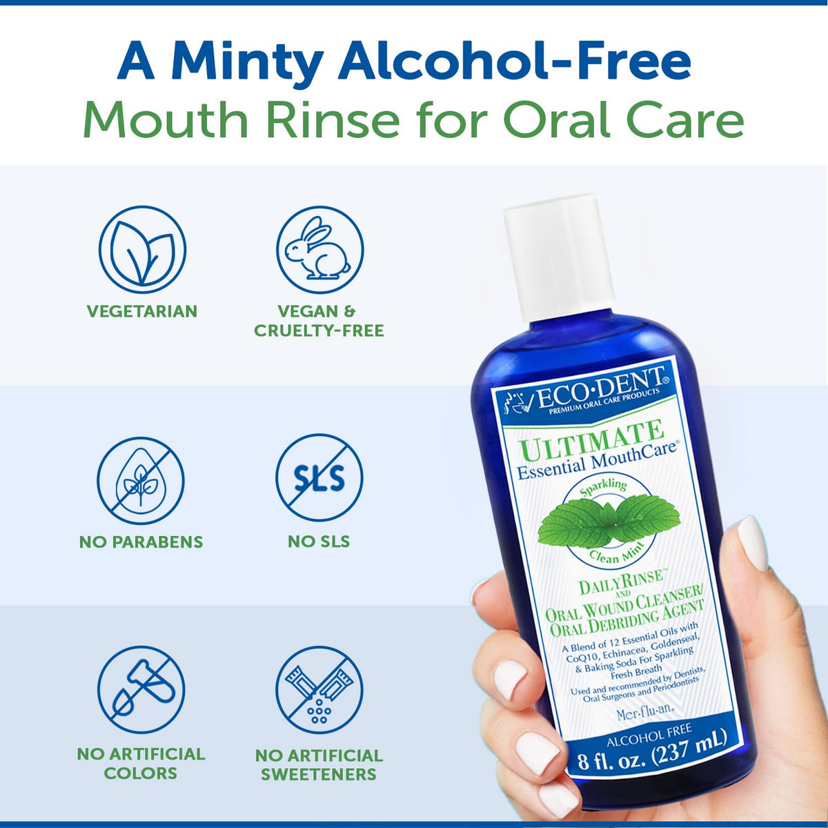 Eco-Dent Alcohol-Free Mouthwash, Mint - Ultimate Essential MouthCare, Oral Care Mouth Wash for Adults, Baking Soda Mouth Rinse with CoQ10/Herbs/Essential Oils, 8 Fl Oz