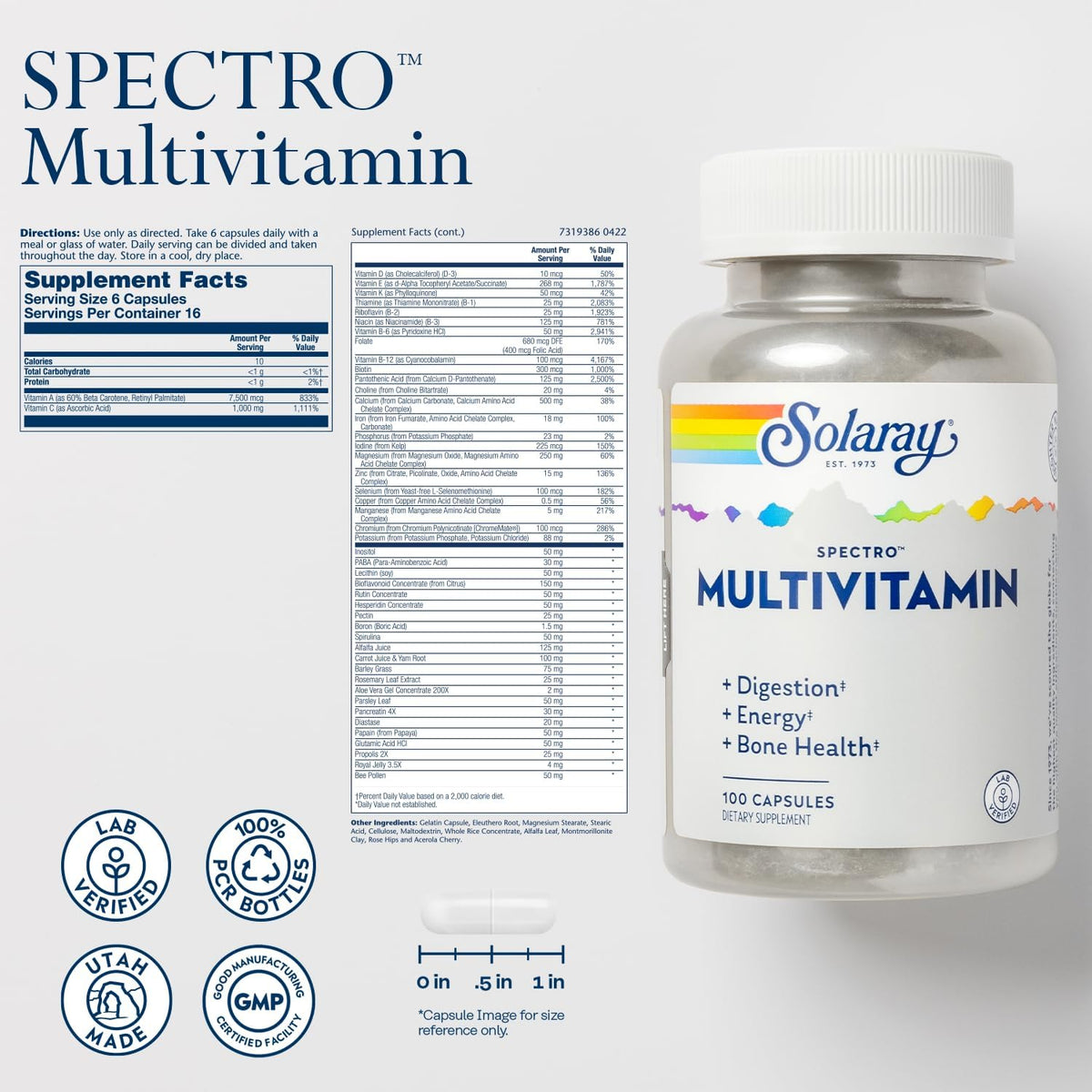 SOLARAY Spectro Multivitamin with Iron - Multi Vitamin with Calcium, Magnesium, Energizing Greens, Herbs &amp; Digestive Enzymes - Digestion, Energy, and Bone Health Support - 16 Servings, 100 Capsules