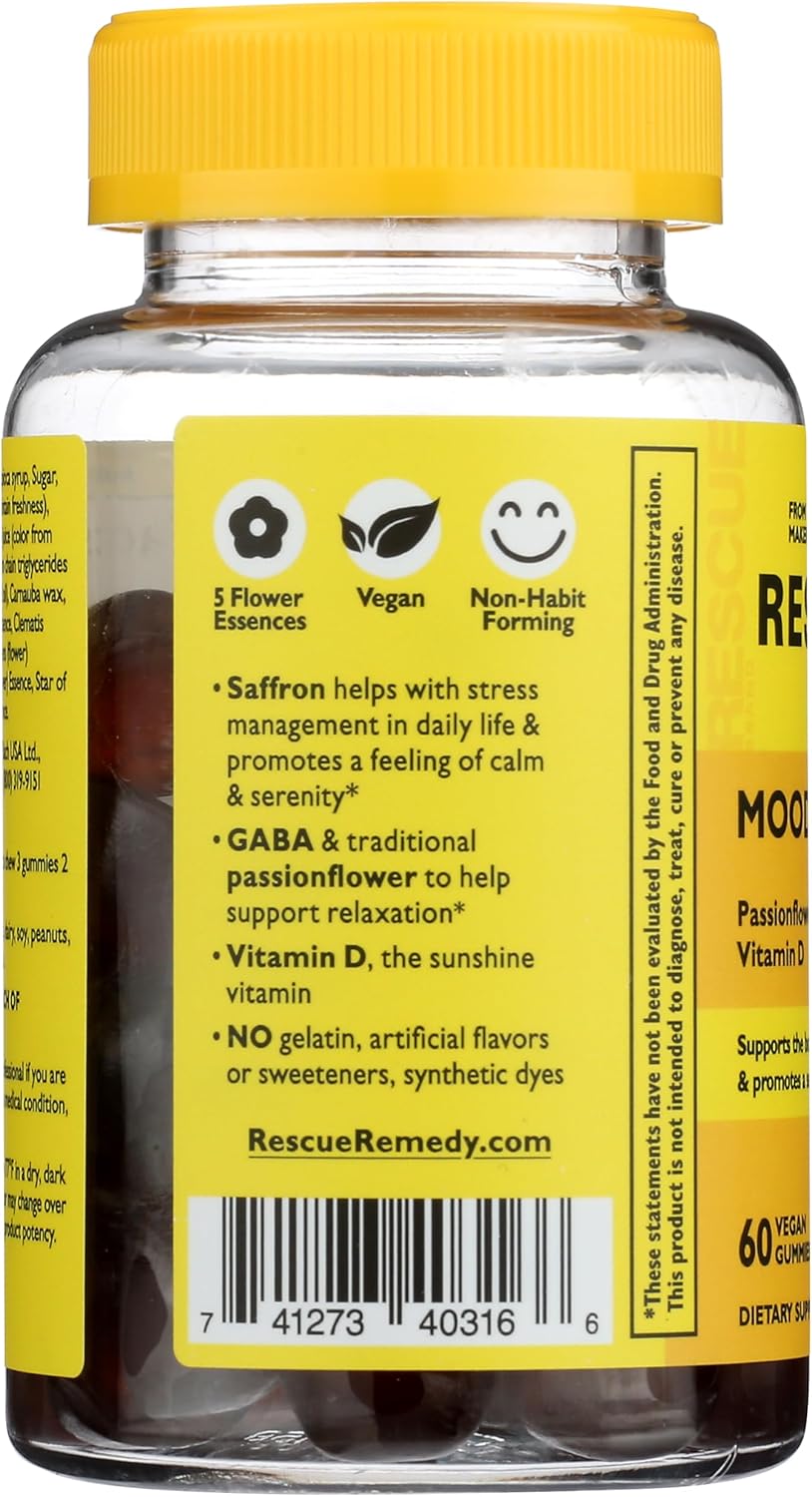 RESCUE Bach Plus Mood &amp; Stress Support Gummies, Daytime Dietary Supplement with Passionflower, GABA, Saffron &amp; Vitamin D, Natural Orange Flavor, Vegan &amp; Gluten-Free, 60 Count