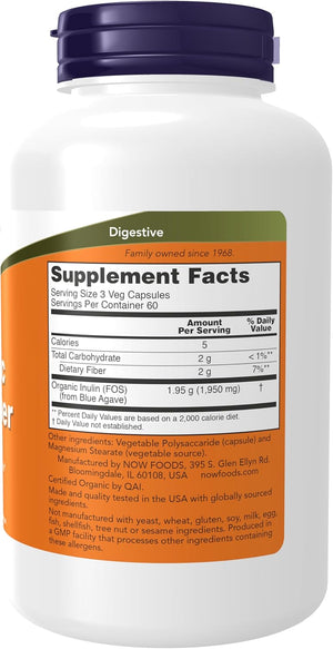 NOW Foods Supplements, Prebiotic Inulin Fiber, Intestinal Support*, Nourishes Friendly Bacteria*, Made with Organic Inulin, 180 Veg Capsules