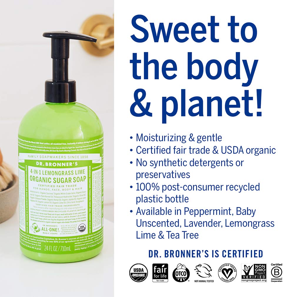 Dr. Bronner&#39;s - Organic Sugar Soap (Lemongrass, 12 Ounce) - Made with Organic Oils, Sugar and Shikakai Powder, 4-in-1 Use: Hands, Body, Face and Hair, Cleanses, Moisturizes and Nourishes, Vegan