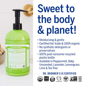 Dr. Bronner's - Organic Sugar Soap (Lemongrass, 12 Ounce) - Made with Organic Oils, Sugar and Shikakai Powder, 4-in-1 Use: Hands, Body, Face and Hair, Cleanses, Moisturizes and Nourishes, Vegan