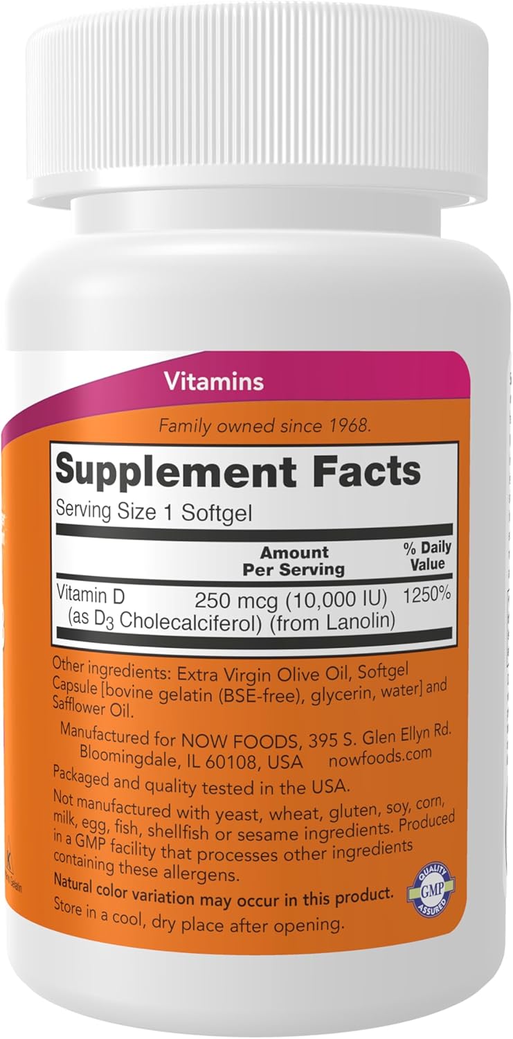 NOW Foods Supplements, Vitamin D-3 10,000 IU Softgels, Vitamin D, Joint Support, 240 Softgels