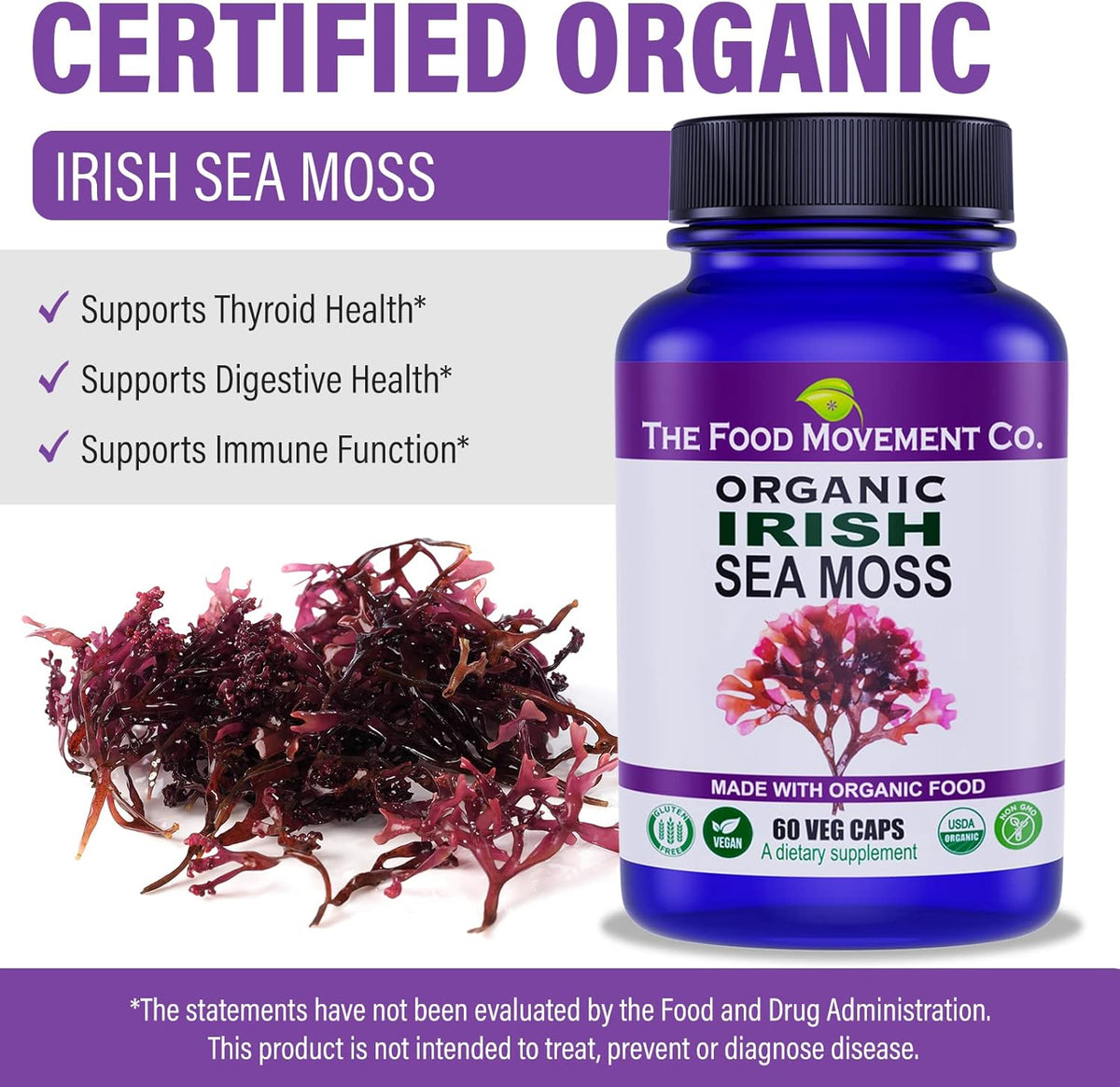 Irish Sea Moss, Organic Prebiotic Food, Over 70 Trace Minerals, Supports Healthy Elimination, Digestion and Immune Support (60)