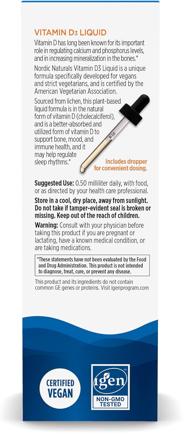 Nordic Naturals Plant-Based Vitamin D3 Liquid - 1 oz - 1000 IU Vitamin D3 - Healthy Bones, Mood &amp; Immune System Function - Non-GMO, Vegan - 60 Servings