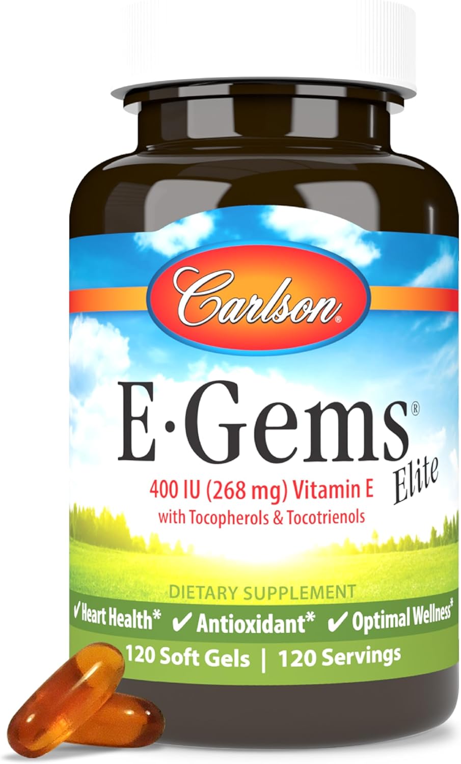Carlson - E-Gems Elite, 400 IU (268 mg) Vitamin E with Tocopherols and Tocotrienols, Optimal Wellness, 120 Soft Gels
