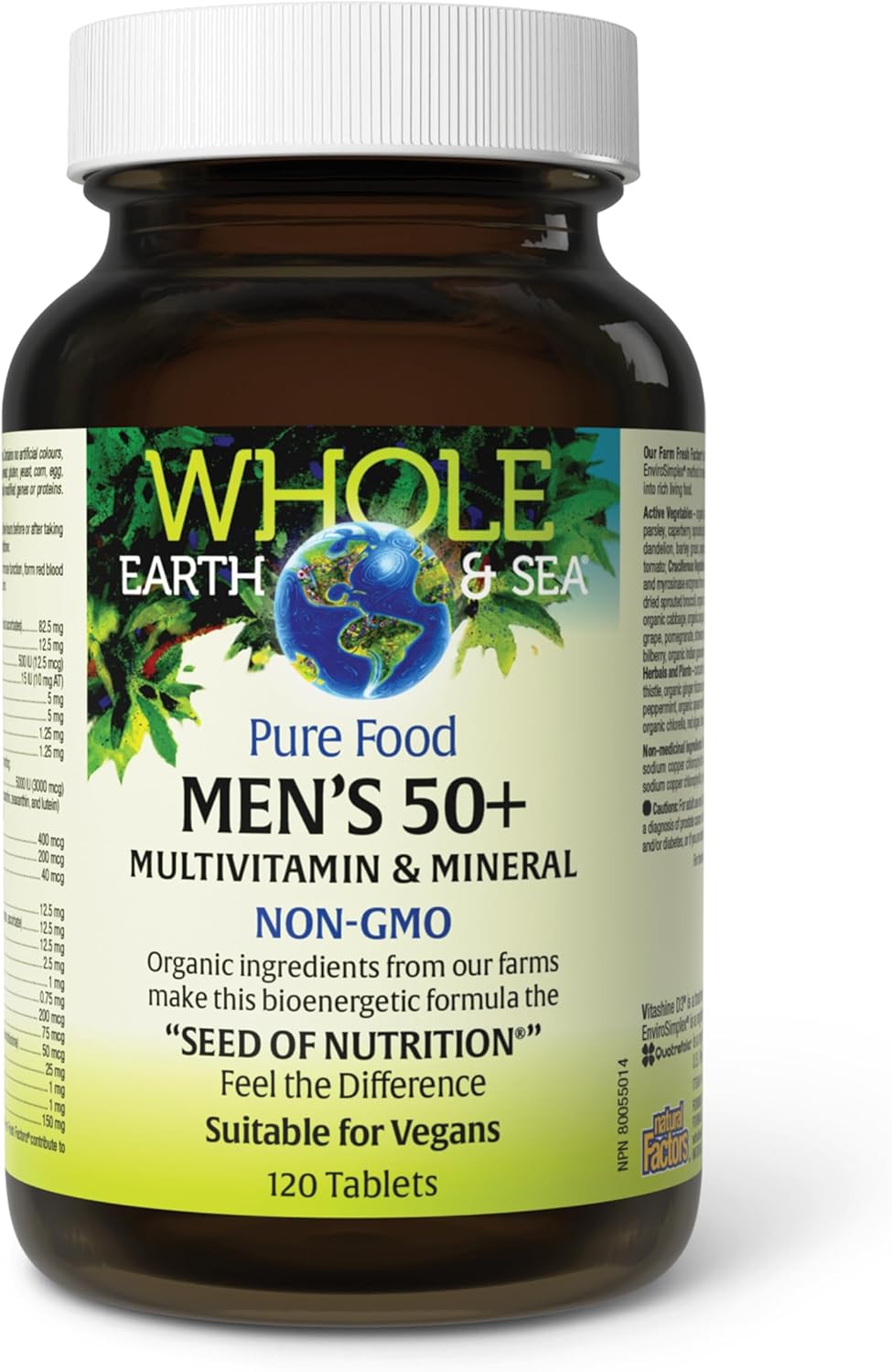 Natural Factors Whole Earth &amp; Sea Men's 50+ Multivitamin &amp; Mineral - Daily Nutritional Support Multivitamin - Supports Brain Health &amp; Immune System Function - Vegan - 120 Tablets (60 Servings)