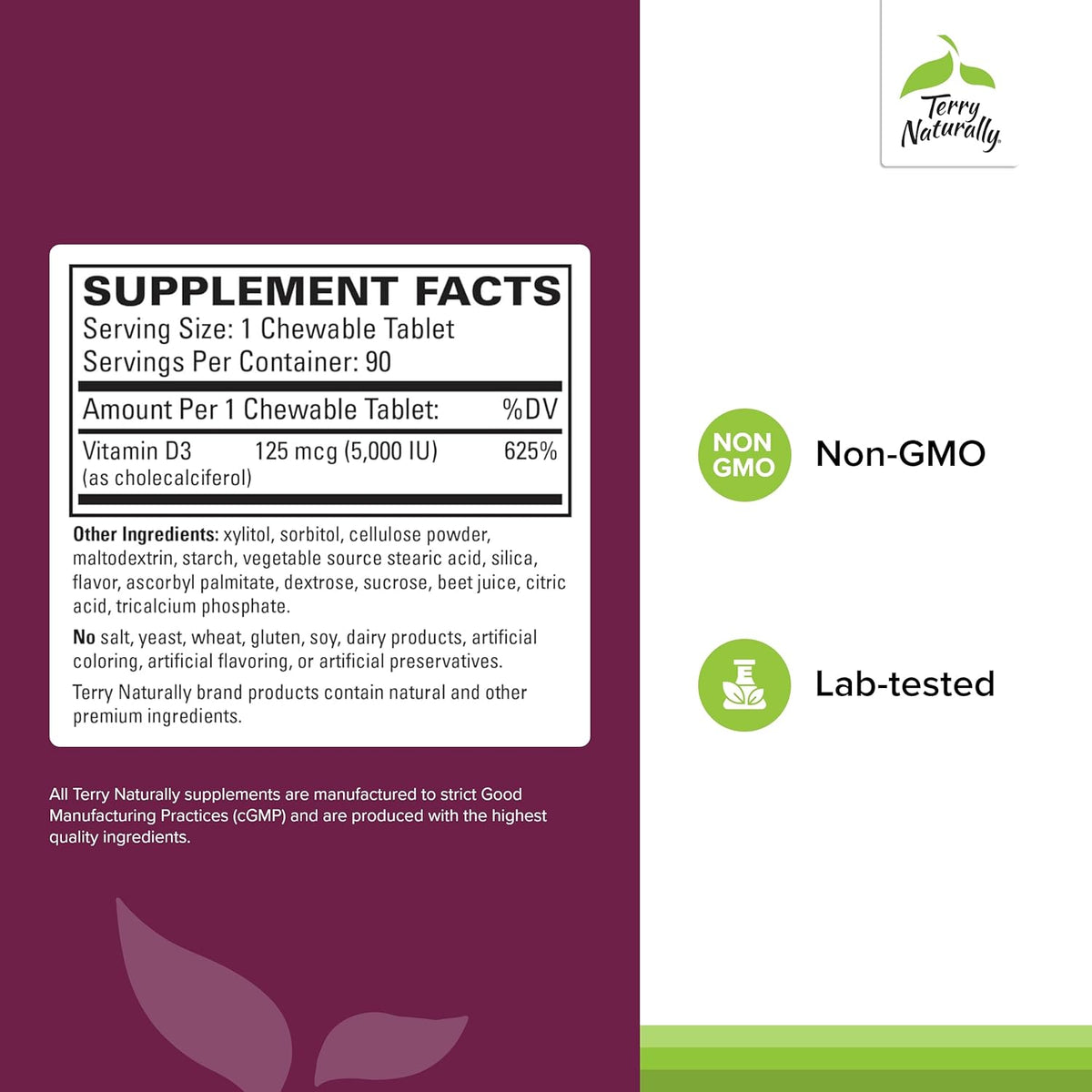 Terry Naturally Vitamin D3 - Bone Health &amp; Bone Strength Support Supplement - Immune System &amp; Brain Support - 5,000 IU Vitamin D Tablets with Mixed Berry Flavor - 90 Chewable Tablets