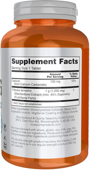 NOW Foods Sports Nutrition, Tribulus (Tribulus terrestris) 1,000 mg, Double Strength, Men's Health, 180 Tablets