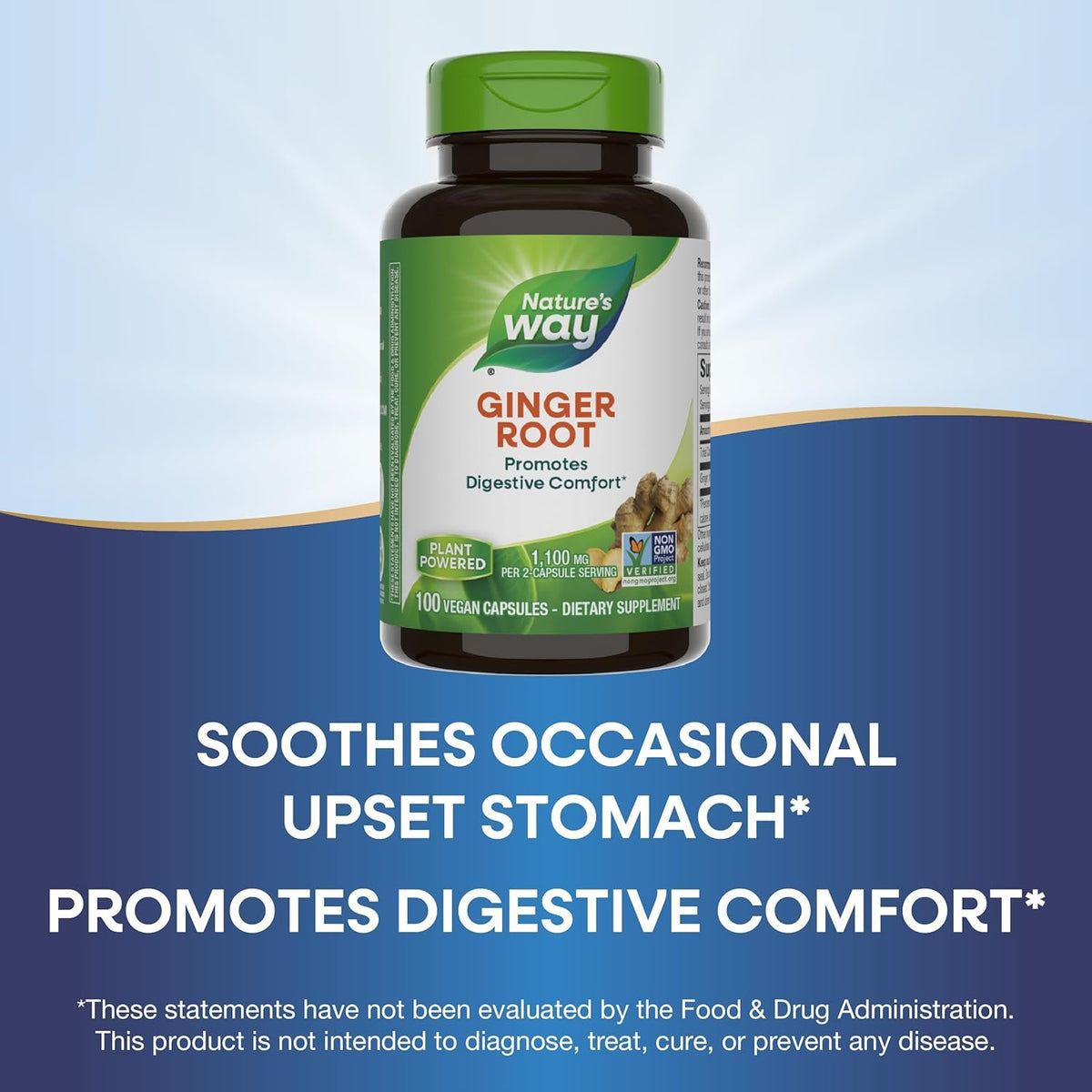 Nature's Way Ginger Root, Promotes Digestive Comfort*, Reduces Nausea Due to Motion*, 1100 mg Per 2-capsule Serving, Non-GMO Project Verified, 100 Capsules