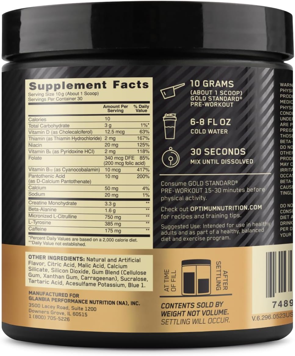 Optimum Nutrition Gold Standard Pre-Workout, Vitamin D for Immune Support, with Creatine, Beta-Alanine, and Caffeine for Energy, Keto Friendly, Blueberry Lemonade, 30 Servings