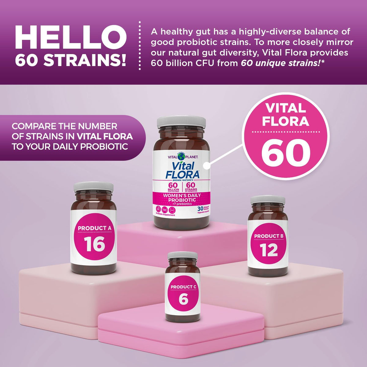 Vital Planet - Vital Flora Probiotics for Women 60 Billion CFU, Diverse Strains, Daily Shelf Stable Probiotic with Organic Prebiotics, for Vaginal Support, Immune and Digestive Health 30 Capsules