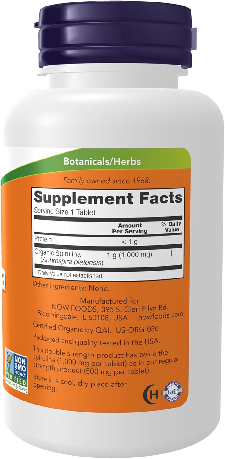 NOW Foods Supplements, Certified Organic, Spirulina 1000 mg (Double Strength), Rich in Beta-Carotene (Vitamin A) and B-12 with naturally occurring GLA , 120 Tablets