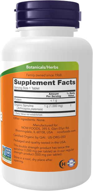 NOW Foods Supplements, Certified Organic, Spirulina 1000 mg (Double Strength), Rich in Beta-Carotene (Vitamin A) and B-12 with naturally occurring GLA , 120 Tablets