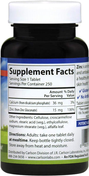 Carlson - Zinc, 15 mg, Zinc Supplement, Zinc Gluconate, Immune Support & Skin Health, Zinc Tablets, Antioxidant, Zinc Capsules, 250 Tablets