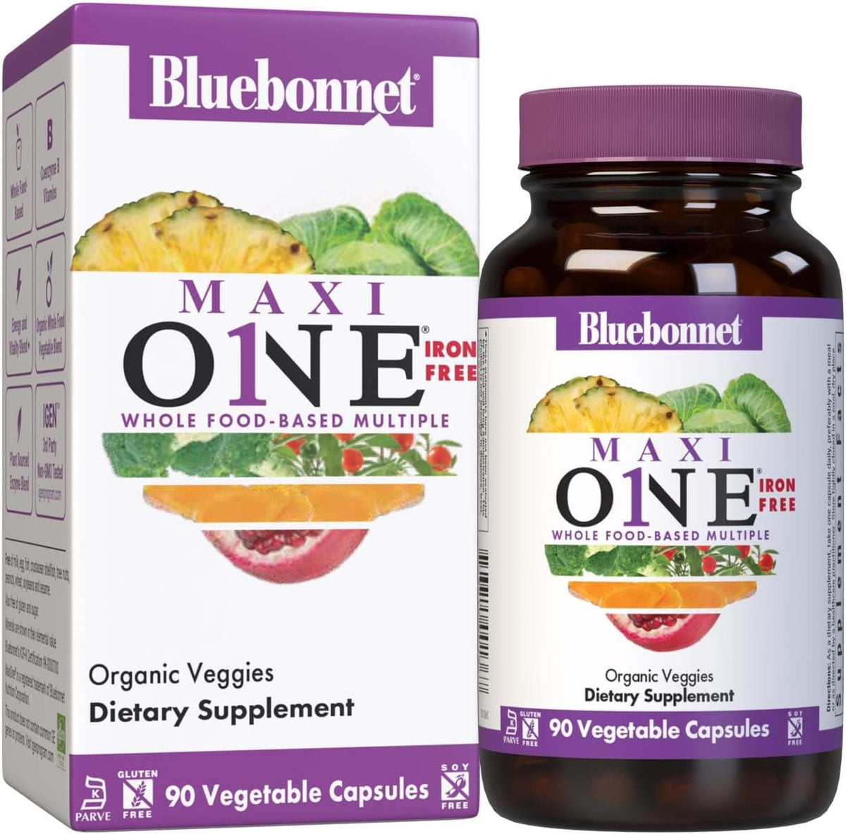 Bluebonnet Nutrition Maxi One (Iron-Free), Whole Food Multiple, Enzymes, Energy, Vitality, Gluten, Soy & Green Free, Kosher, Vegetarian Friendly, Non-GMO, 90 Count