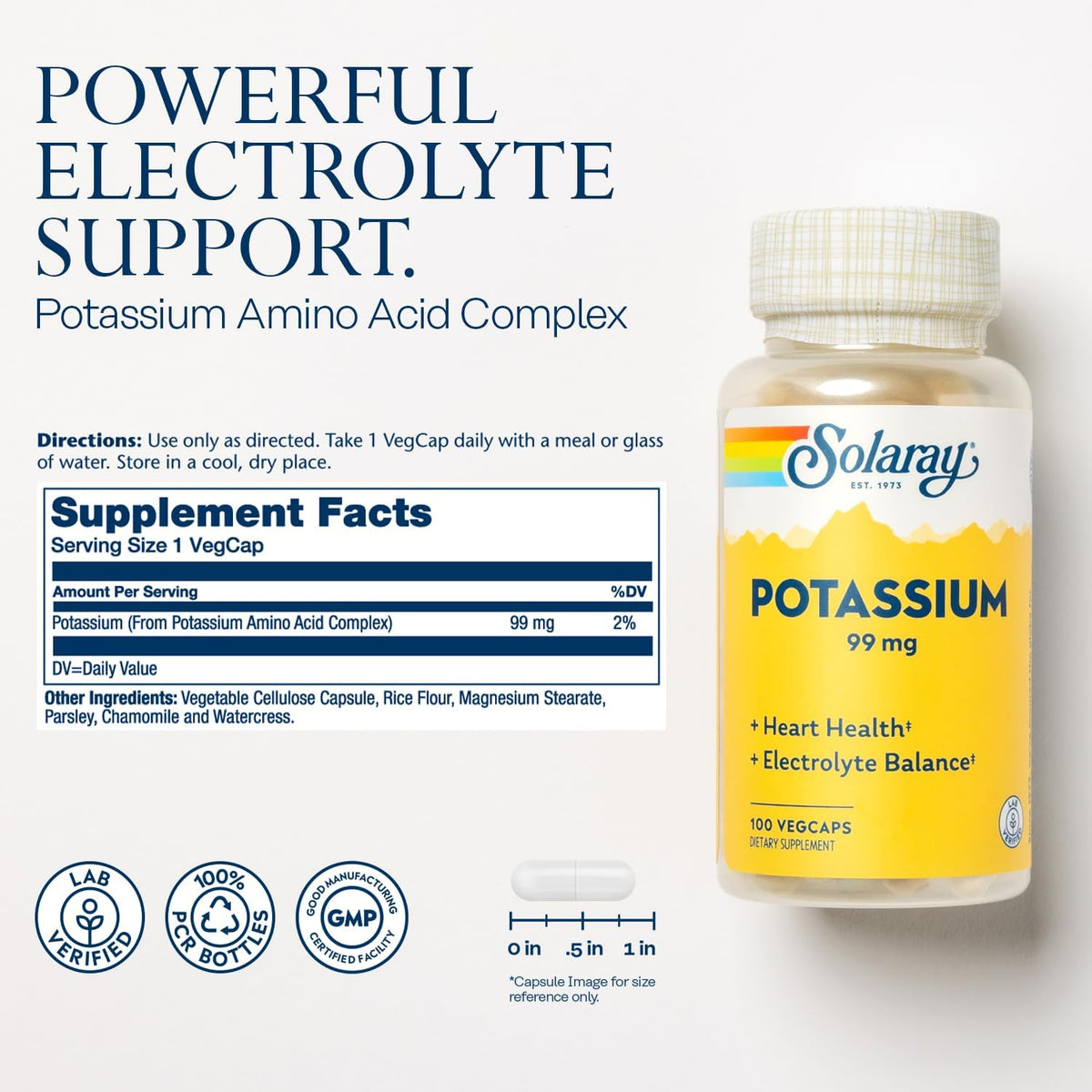 Solaray Potassium 99 mg - Electrolyte Balance Formula - Potassium Supplement for Electrolytes, Vascular and Heart Health Support - 60-Day Money Back Guarantee, Lab Verified, 100 Servings, 100 VegCaps
