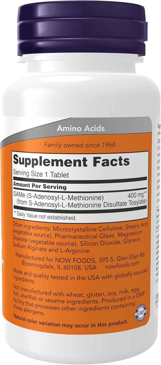 NOW Foods Supplements, SAMe (S-Adenosyl-L-Methionine) 400 mg, Nervous System Support*, 60 Tablets