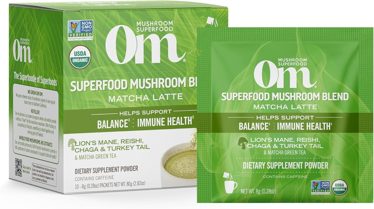 OM MUSHROOM SUPERFOOD Matcha Latte Blend Mushroom Powder, Single Serve, 10 Count, Green Tea, Lion&#39;s Mane, Reishi, Chaga, Turkey Tail, Focus &amp; Stress Support Supplement