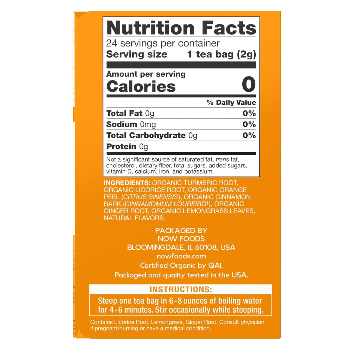 NOW Give a Tea, Organic Turmeric Ginger, Caffeine Free, 24 Tea Bags, 1.7 oz (48 g)