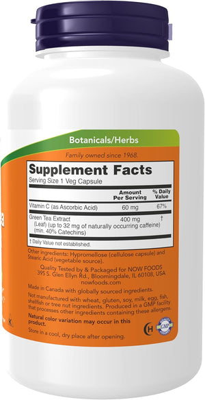 NOW Foods Supplements, Green Tea Extract 400 mg with Vitamin C for Dietary, Cellular Protection*, 250 Veg Capsules