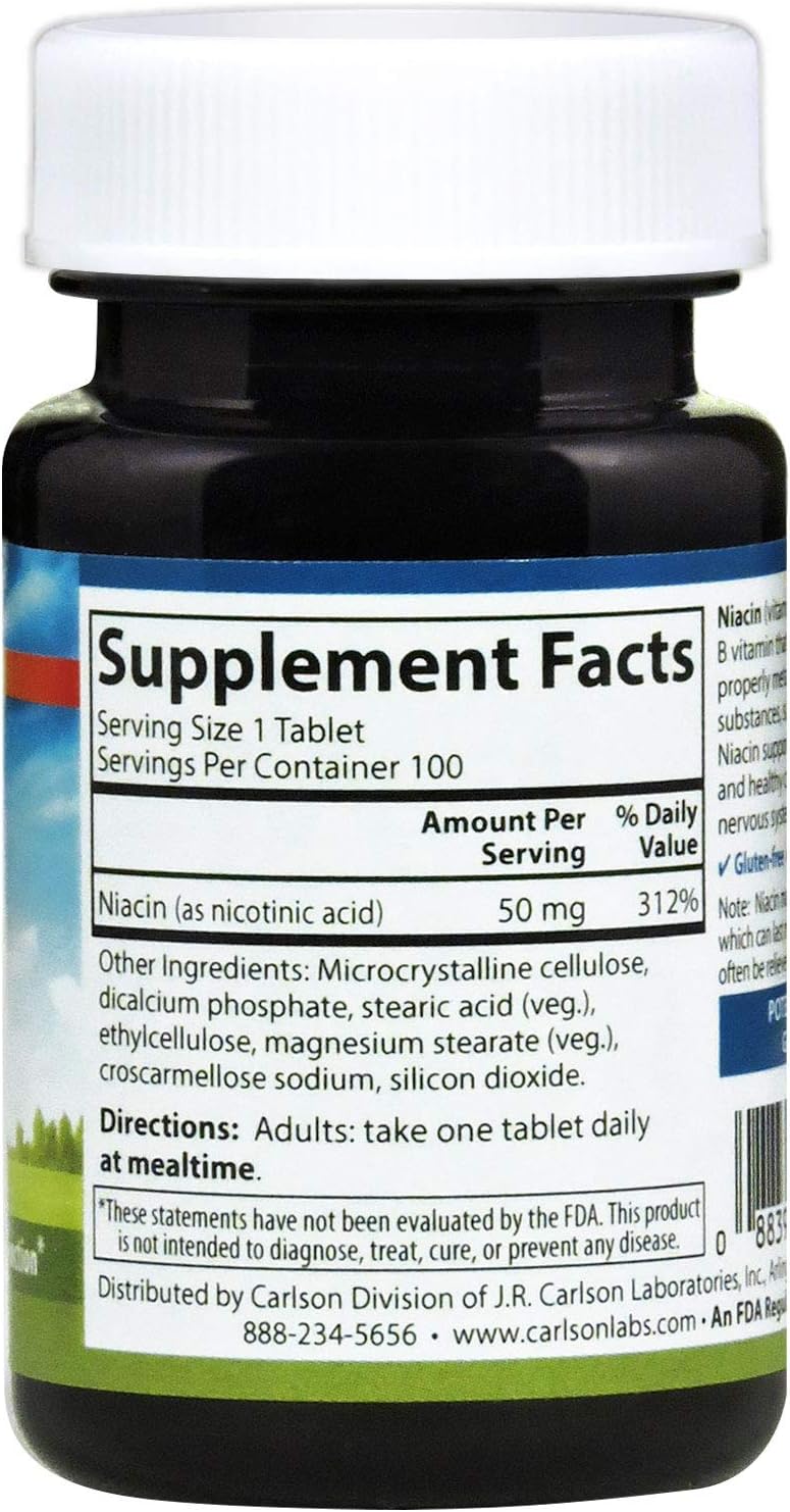 Carlson - Niacin, 50 mg, Supports Cholesterol Metabolism, Energy Production, Heart Health, Nerve Function, 100 Tablets