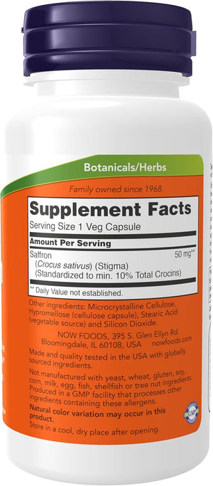 NOW Foods Supplements, Saffron Whole Herb 50 mg with 10% Crocins, 60 Veg Capsules with Microcrystalline cellulose, hypromellose (cellulose capsule), stearic acid (vegetable source) and silicon dioxide