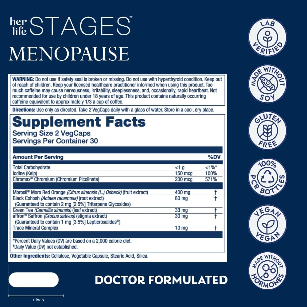 SOLARAY Menopause her Life Stages - Menopause Supplements for Women - Supports Mood, Sleep, Hot Flashes, Night Sweats - Vegan, Gluten Free - 60-Day Guarantee - 30 Servings, 60 VegCaps