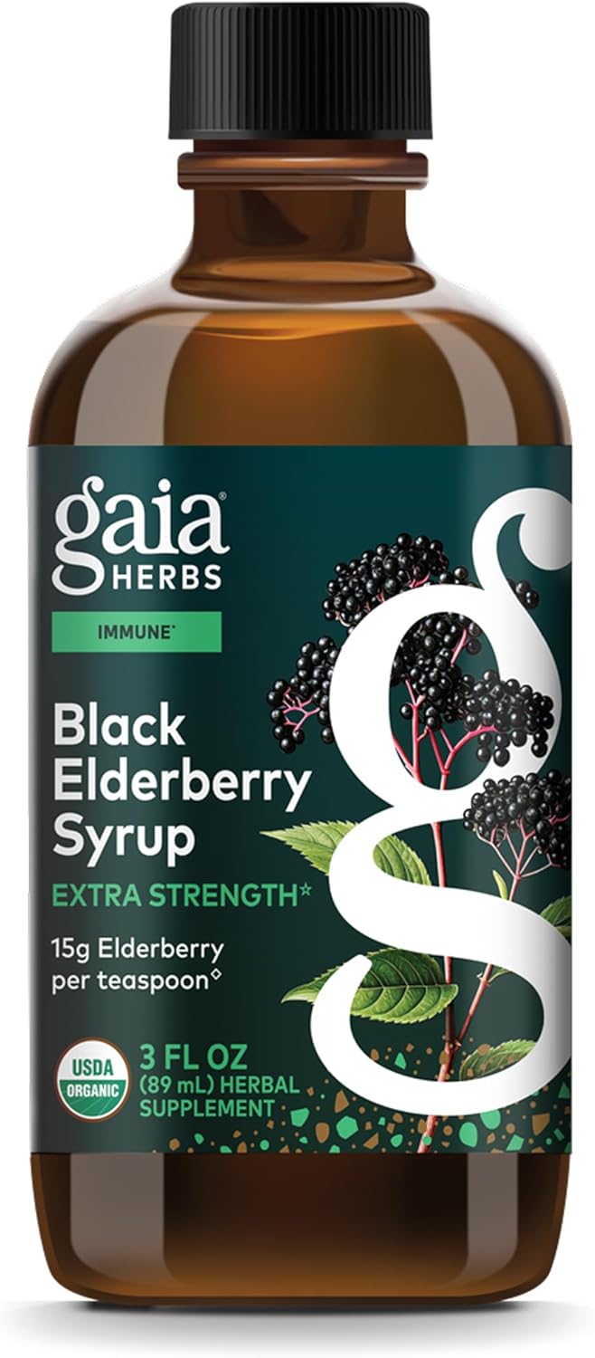 Gaia Herbs Black Elderberry(Sambucus Nigra) Syrup Extra Strength-Immune Support Supplement-Made with Organic Black Elderberries for Immune System-USDA Certified Organic Formula-3 Fl Oz(18-Day Supply)