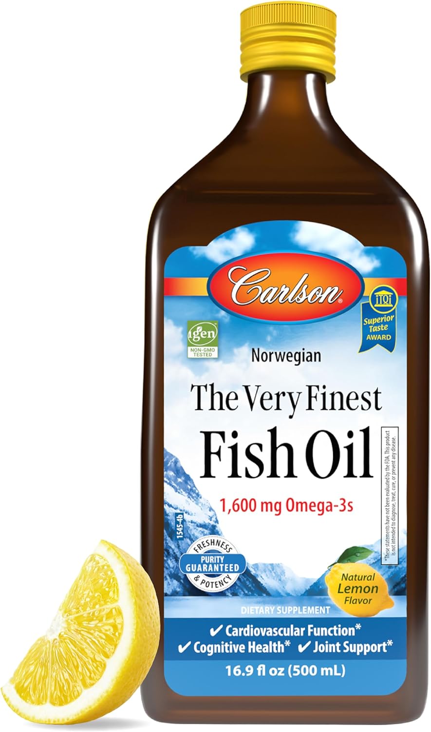 Carlson - The Very Finest Fish Oil, 1600 mg Omega-3s, Liquid Supplement, Norwegian, Wild-Caught, Sustainably Sourced , Lemon, 16.9 Fl Oz