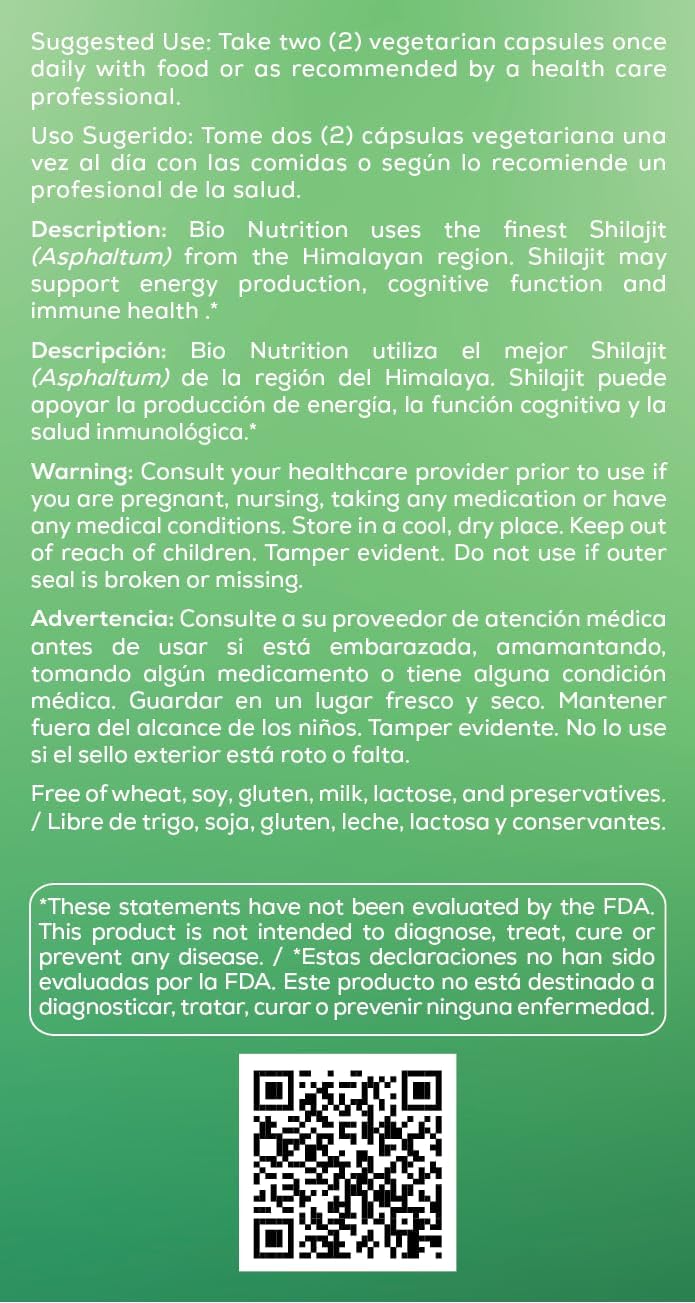 Bio Nutrition Shilajit (Asphaltum), 60 Vegetarian Capsules (500 mg per Capsule)