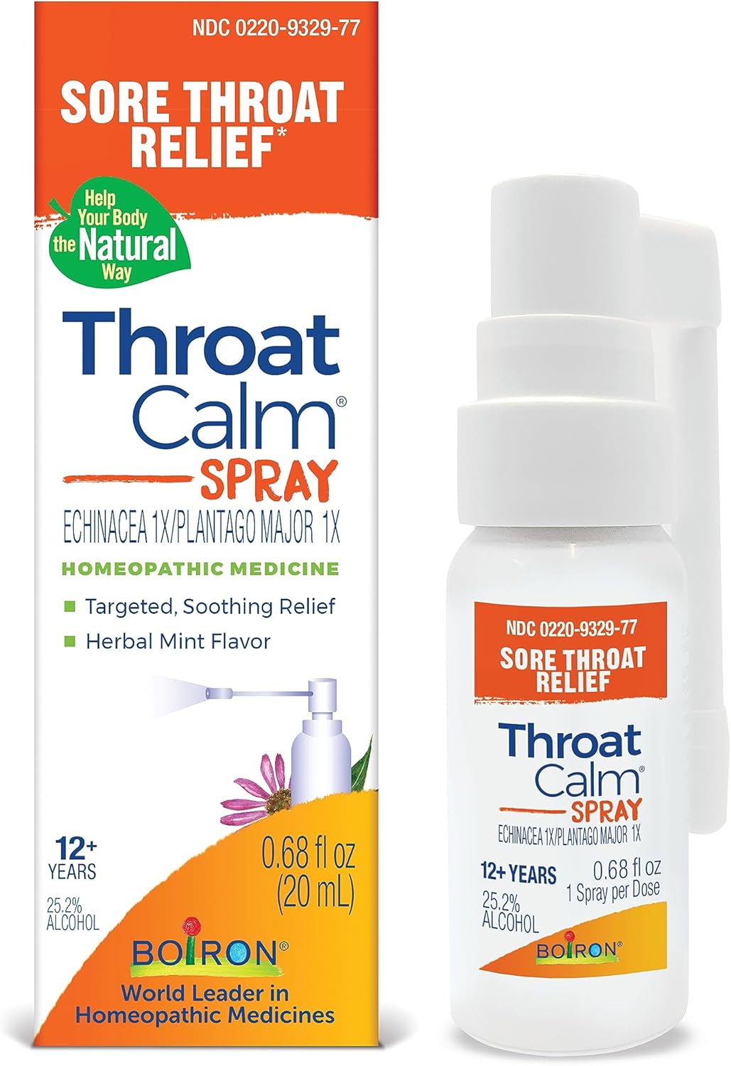 Boiron ThroatCalm Spray for Soothing Sore Throat Relief - Plant-Powered with Echinacea – Natural, Mint-Like Herbal Flavor - Non-Numbing &amp; Benzocaine-Free - .68 Fl Oz
