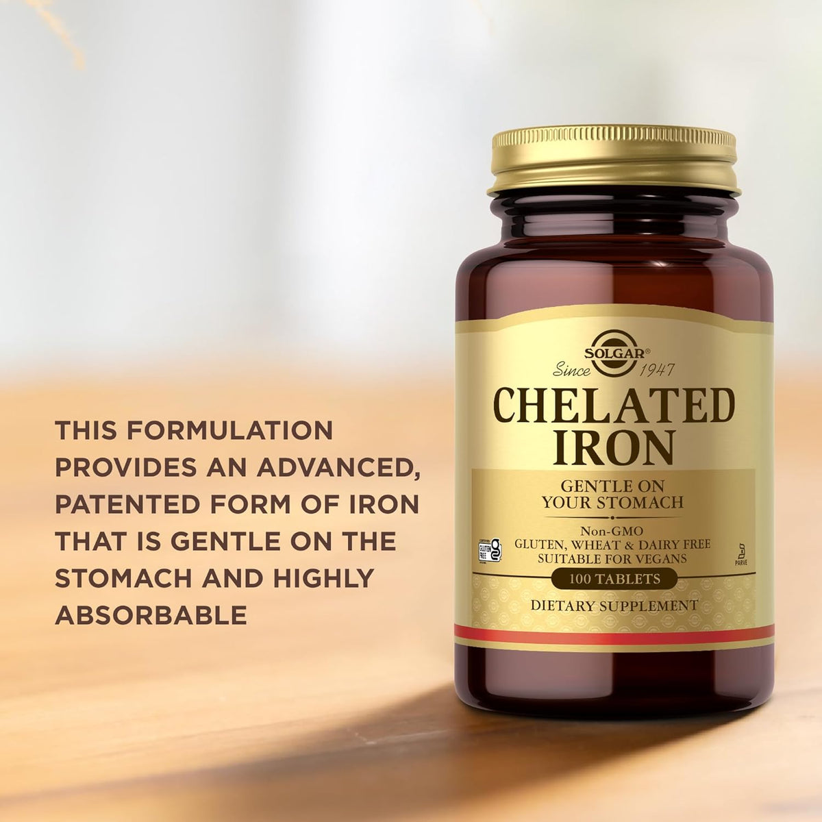 Solgar Chelated Iron, 100 Tablets - Highly Absorbable Iron - Gentle on Your Stomach - Cardiovascular Support - Vegan, Gluten Free, Dairy Free, Kosher - 100 Servings