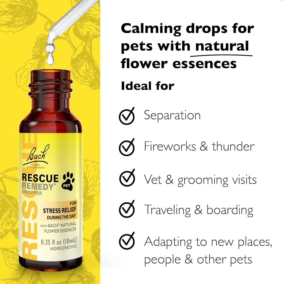 Bach RESCUE REMEDY PET Dropper 10mL, Natural Stress Relief, Calming for Dogs, Cats, & Other Pets, Homeopathic Flower Essence, Thunder, Fireworks, Travel, Separation, Sedative-Free