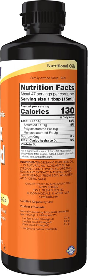 NOW Foods Supplements, Certified Organic Flax Seed Oil Liquid, Cold-Pressed and Unrefined, 24-Ounce