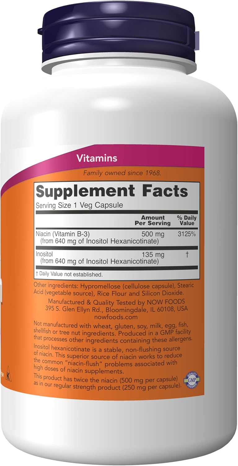NOW Foods Supplements, Niacin (Vitamin B-3) 500 mg, Flush-Free, Double Strength, Nutritional Health, 180 Veg Capsules