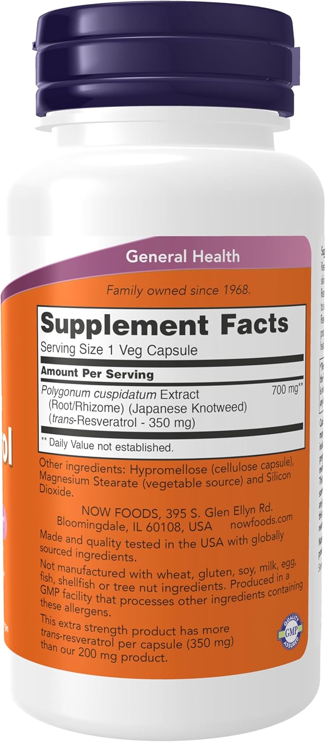 NOW Foods Supplements, Extra Strength Resveratrol 350mg, Natural Trans Resveratrol from 700 mg Japanese Knotweed Extract, 60 Veg Capsule