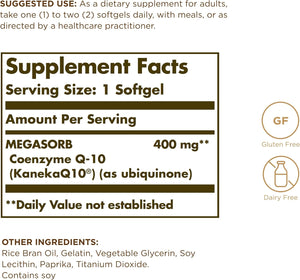 SOLGAR Megasorb CoQ-10 400 mg - 30 Softgels - Enhanced Absorption - Gluten Free, Dairy Free - 30 Servings