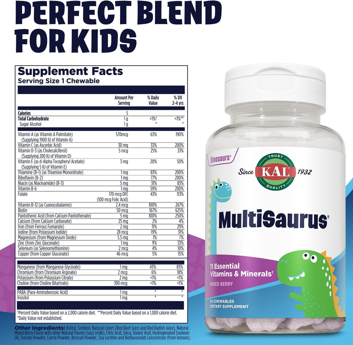 KAL MultiSaurus Kids Chewable Multivitamins, 11 Essential Vitamins and Minerals for Kids, Mixed Berry Flavor, Gluten and Preservative Free, 60 Servings, 60 Dinosaur-Shaped Chewables