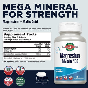 KAL Magnesium Malate 400mg, Chelated Magnesium Supplement with Malic Acid, Healthy Energy & Muscle Function Support, Enhanced Absorption, Vegan, Non-GMO, 45 Servings, 90 Veg Tabs
